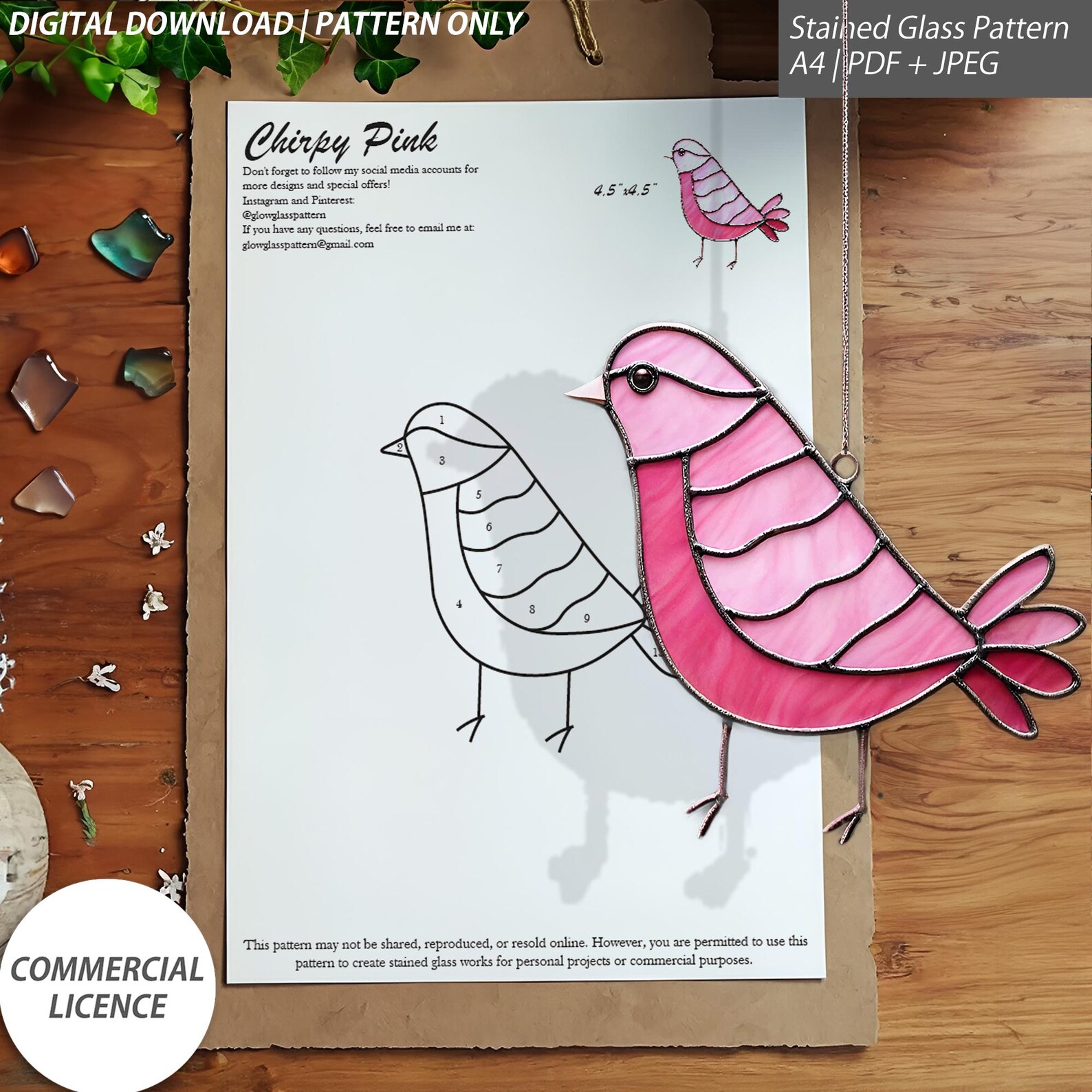 Chirpy Pink Bird Stained Glass Pattern – 4.5x4.5 Inch Design – Digital ...
