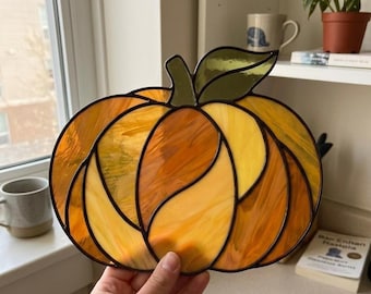Pompoen glas-in-loodpatroon PDF PNG | Herfst raamdecoratie sjabloon | Halloween herfst glaskunst