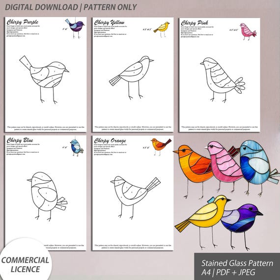 Bird Family Stained Glass Design Set – 5 Unique Patterns – Digital Download