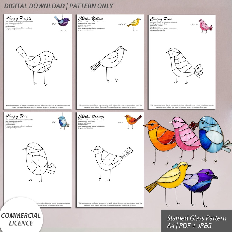 May include: A set of six stained glass bird patterns in PDF and JPEG format. The patterns are for a bird with different colored glass pieces. The patterns are labeled with the colors: purple, yellow, pink, blue, and orange. The patterns are labeled "Chirpy Purple", "Chirpy Yellow", "Chirpy Pink", "Chirpy Blue", and "Chirpy Orange".
