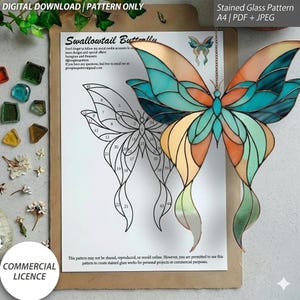 May include: A stained glass butterfly with teal, orange, and gold wings hangs in front of a pattern sheet. The pattern is for a Swallowtail Butterfly, available as a digital download. The image includes the text "COMMERCIAL LICENCE".