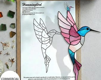 Glas-in-loodpatroon met kolibrie – ontwerp van 7,5 x 4,5 inch – digitale download