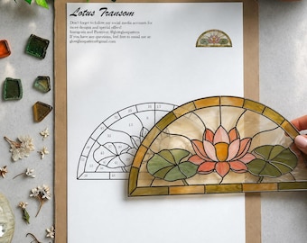 Art Nouveau Lotus Bovenlicht Glas-in-lood Patroon PDF PNG | Bloemmotief Raampaneel Sjabloon | Botanische Glaskunst