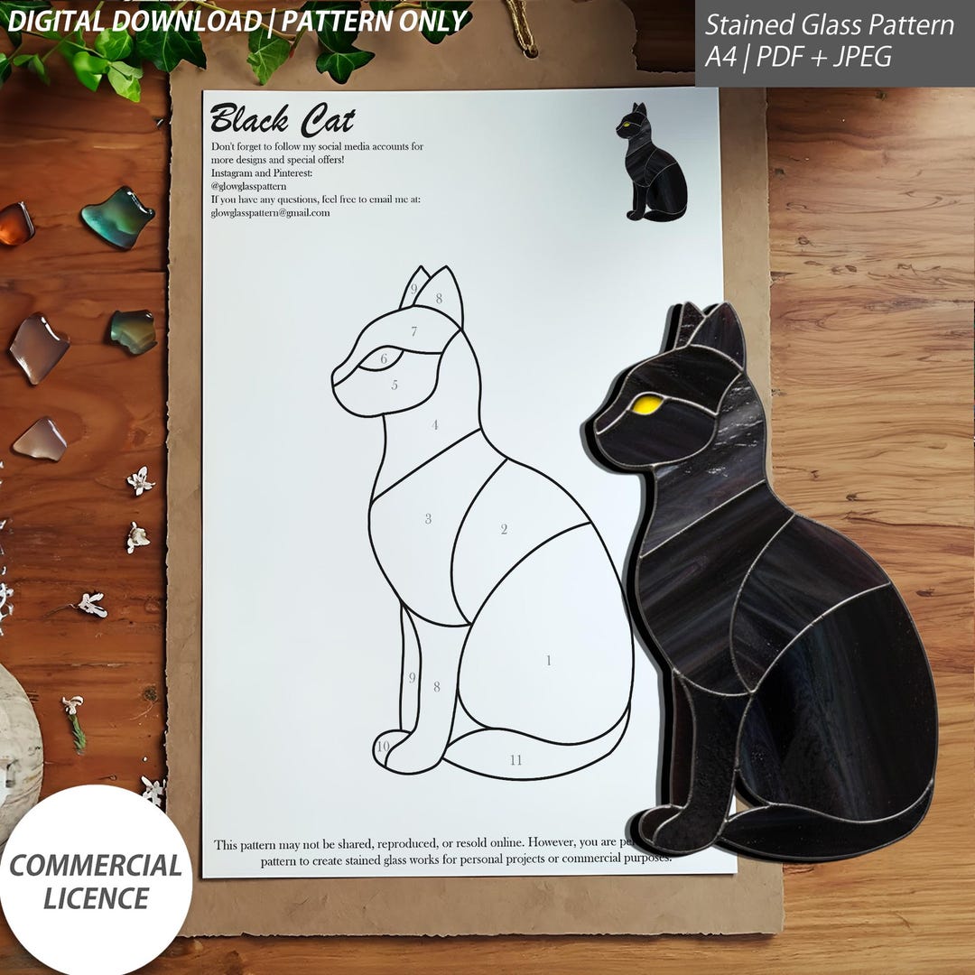 Black Cat – Stained Glass Pattern Halloween Suncatcher Design (digital ...
