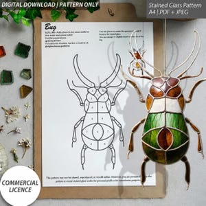 May include: A digital download stained glass pattern for a beetle, featuring an A4 document with numbered outlines and a finished glass insect model. The beetle is constructed from brown, white, and green glass pieces with metallic solder lines.