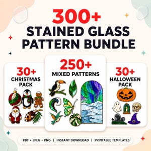 Puede incluir: Una colección digital titulada 300+ Stained Glass Pattern Bundle, que incluye un paquete de 30+ diseños navideños, un paquete de 250+ patrones variados con aves y mariposas, y un paquete de 30+ diseños de Halloween. Incluye archivos PDF, JPEG y PNG.