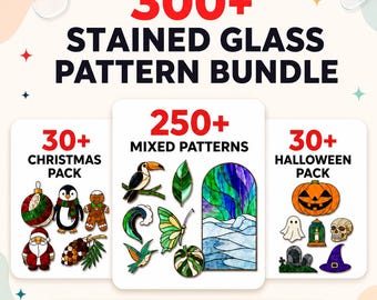 Bundel met meer dan 300 glas-in-loodpatronen (PDF en PNG) | Printbare raamdecoratiesjablonen | 250 gemengde ontwerpen + 30 kerstontwerpen + 30 Halloweenontwerpen