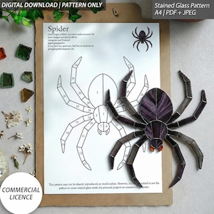May include: A digital download stained glass pattern for a spider, featuring a numbered line drawing on A4 paper and a finished purple and black glass spider. The text includes 'Spider', 'DIGITAL DOWNLOAD | PATTERN ONLY', and 'COMMERCIAL LICENCE'.