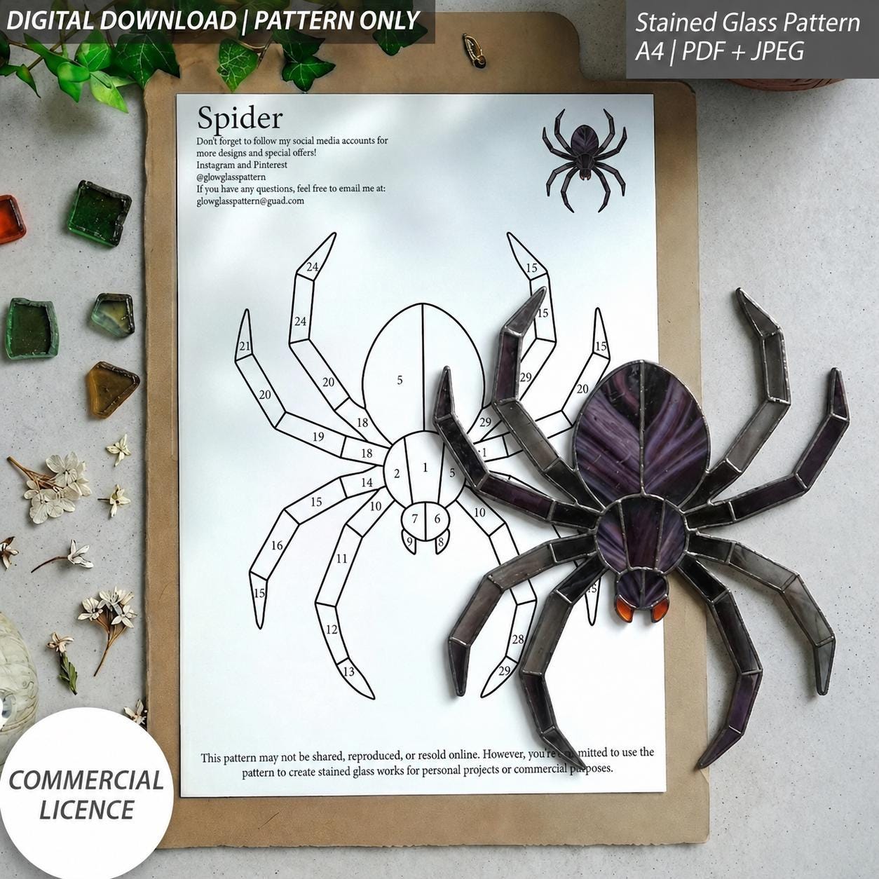Spider Stained Glass Pattern Digital Download PDF + JPG