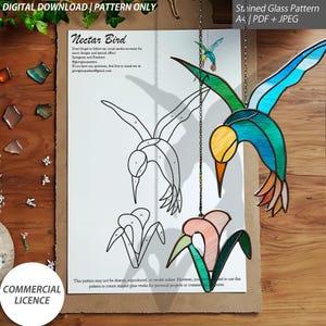 May include: A stained glass pattern for a hummingbird with a flower. The pattern is printed on white paper with numbered sections for each colour of glass. The pattern is labelled "Nectar Bird" and includes instructions for commercial use.