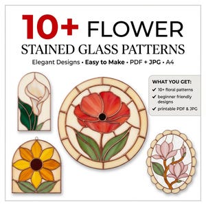 Puede incluir: Imagen de patrones de flores de vidrieras. La imagen presenta una variedad de diseños florales, incluyendo un lirio de agua, un girasol, una amapola y una magnolia. El texto dice "10+ Flower Stained Glass Patterns."