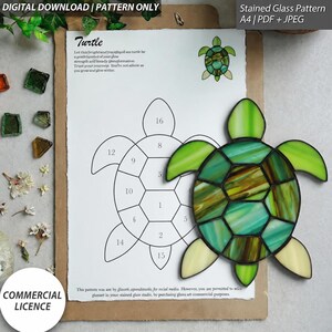 May include: A digital download stained glass pattern for a turtle, featuring an A4 PDF and JPEG file. The document includes a numbered line drawing of a turtle and a finished stained glass turtle piece with green and brown glass segments.