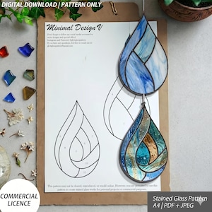 May include: A digital download stained glass pattern featuring two teardrop-shaped designs. One is a black and white line drawing, while the other is a finished piece with blue, white, and brown glass segments. Text includes Minimal Design V.