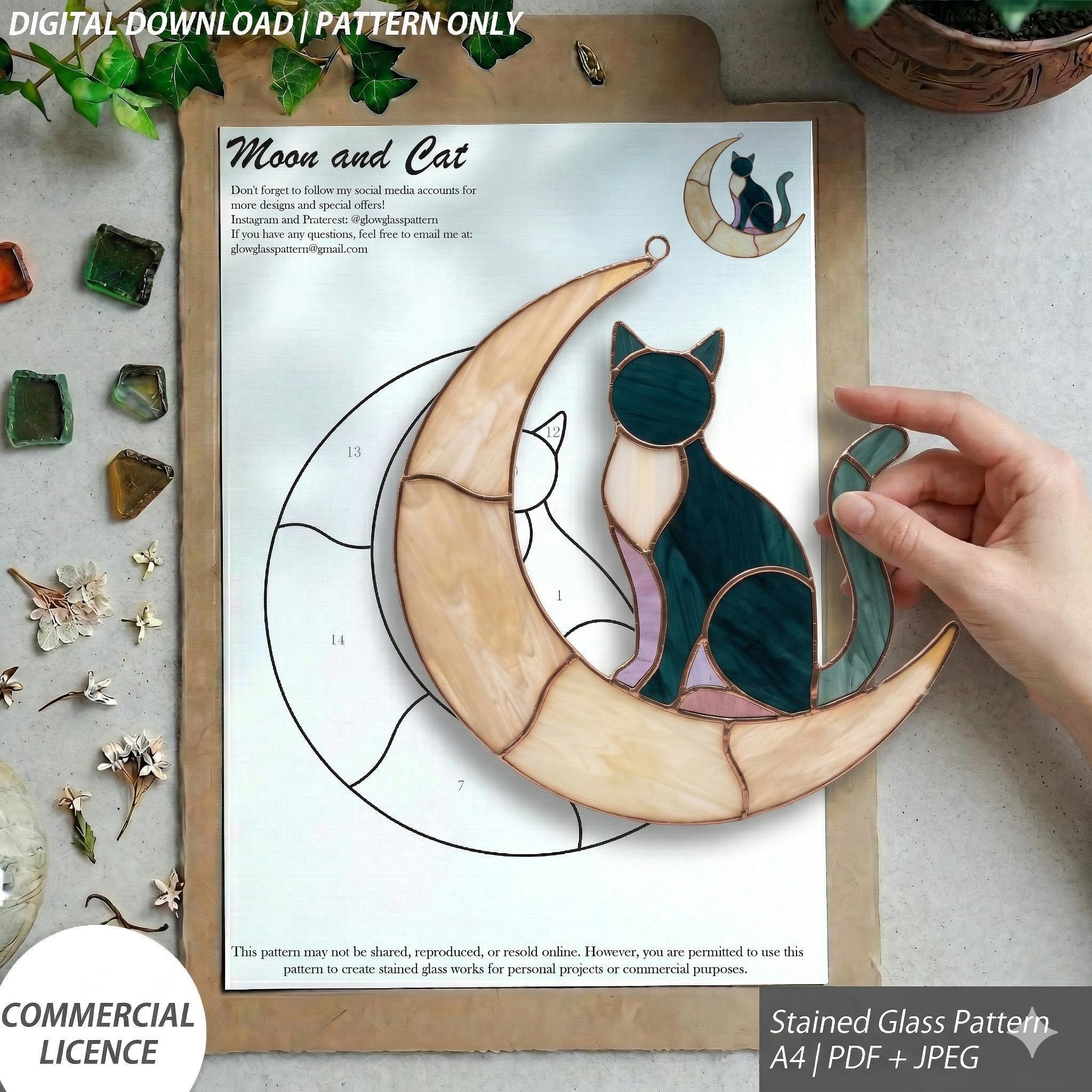 Moon and Cat Stained Glass Pattern PDF JPG - Etsy
