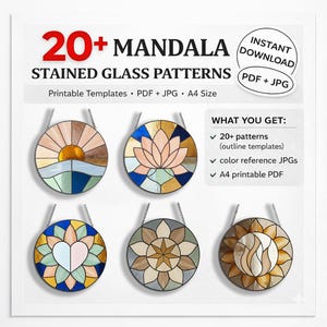 20+ Mandala Stained Glass Pattern Bundle | 20 Designs + 2 Bonus | PDF & JPEG | Instant Download