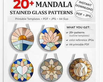 20+ Mandala Stained Glass Patterns PDF JPG | Sun Mandala, Lotus Flower & Heart Suncatcher Templates | Digital Download