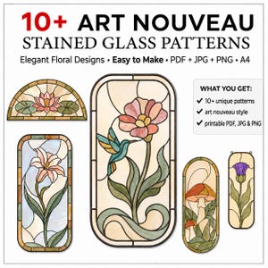Può includere: Una collezione digitale di 10+ motivi per vetrate Art Nouveau con temi floreali e naturali. L'immagine mostra cinque design distinti tra cui un colibrì, gigli e funghi, con il testo: 10+ ART NOUVEAU STAINED GLASS PATTERNS, Elegant Floral Designs, Easy to Make, PDF + JPG + PNG, A4, WHAT YOU GET: 10+ unique patterns, art nouveau style, printable PDF, JPG & PNG.