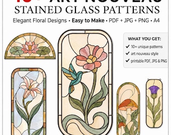 Bundel met meer dan 10 Art Nouveau glas-in-loodpatronen (PDF en PNG) | Printbare sjablonen voor bloemmotieven in raampanelen | Vintage raamdecoratiecollectie