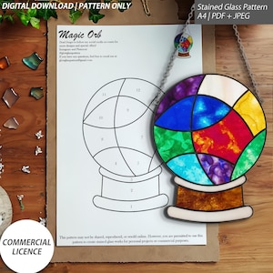 May include: A colorful stained glass orb with a detailed pattern, hanging by a silver chain. The orb features a mix of colors including blue, purple, yellow, and green. A pattern for the orb is also visible, along with the text "Magic Orb" and "Commercial Licence".