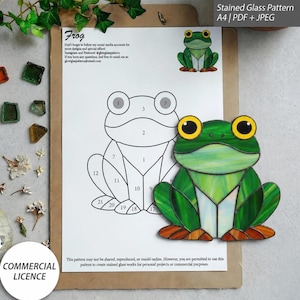 May include: A stained glass pattern for a frog, featuring a numbered line drawing on white paper and a finished green glass frog with large yellow eyes. The document includes text about social media and commercial licensing for the design.