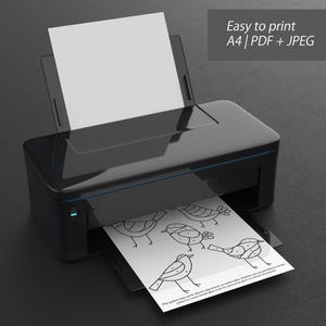 May include: A black and white printable coloring page with five bird illustrations. The page is being printed from a black printer onto white paper. The text on the page reads "This pattern may not be shared, reproduced or resold. However, you are permitted to use this pattern to create handmade items for personal use or small business purposes."