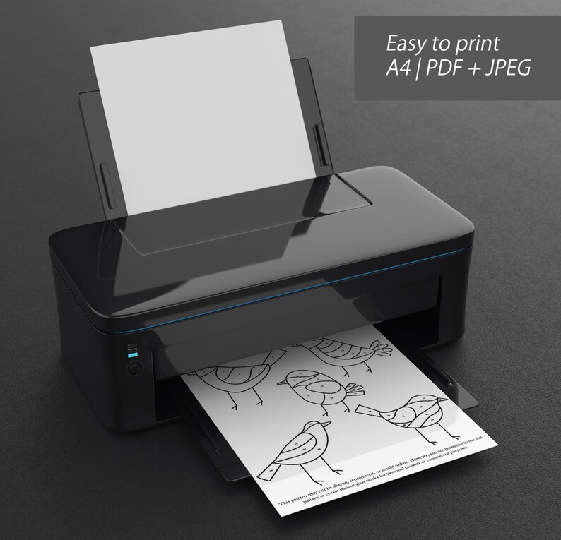 May include: A black and white printable coloring page with five bird illustrations. The page is being printed from a black printer onto white paper. The text on the page reads "This pattern may not be shared, reproduced or resold. However, you are permitted to use this pattern to create handmade items for personal use or small business purposes."