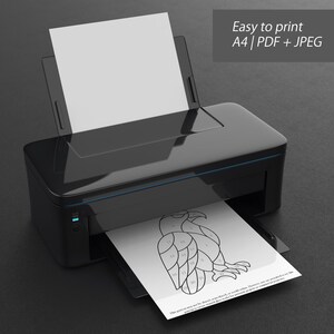 May include: A black printer with a blue accent is printing a black and white line drawing of an eagle. The text "Easy to print A4 | PDF + JPEG" is in the upper right corner. A blank white sheet of paper is in the paper tray.