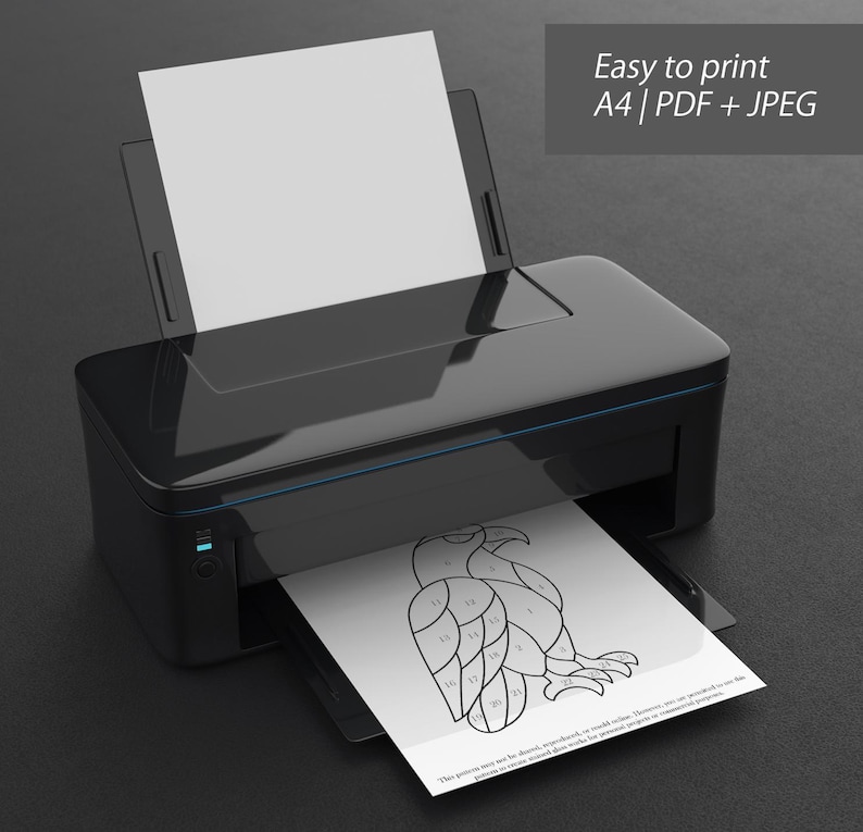 May include: A black printer with a blue accent is printing a black and white line drawing of an eagle. The text "Easy to print A4 | PDF + JPEG" is in the upper right corner. A blank white sheet of paper is in the paper tray.