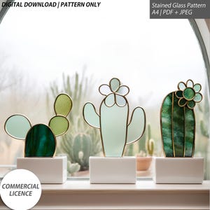 Cactus Trio Stained Glass Pattern – 3 Designs on 1 Page – Digital Download