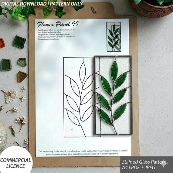 Minimal Leaf Panel Stained Glass Pattern Etsy Digital Download PDF + JPG