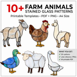 May include: A digital collection of 10+ farm animals stained glass patterns featuring a goat, chicken, llama, duck, sheep, and goose. The text reads 10+ FARM ANIMALS STAINED GLASS PATTERNS, Printable Templates, PDF + PNG, A4 Size, and WHAT YOU GET.