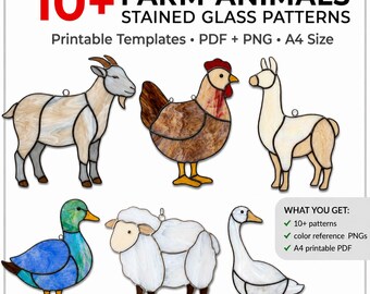 Bundel met meer dan 10 patronen voor glas-in-lood met boerderijdieren (PDF, PNG, ZIP) | Collectie raamhangers met boerderijdieren