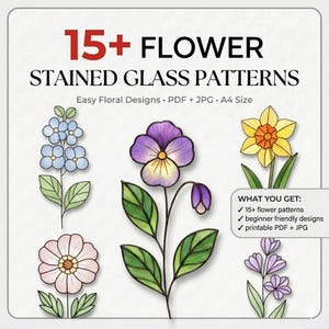May include: Digital download featuring 15+ flower stained glass patterns. The image showcases various floral designs in vibrant colors, including blue, purple, yellow, and pink. Text on the image reads "Easy Floral Designs PDF + JPG. A4 Size."