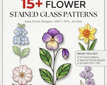 Bundel met 15+ bloemen met glas-in-loodpatroon | Designs viooltje, narcis, madeliefje en wilde bloemen | PDF JPG-download