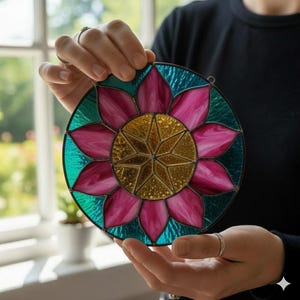 Op de afbeelding: Een rond gebrandschilderd glazen stuk met een bloemenontwerp. Het midden is een gouden ster, omringd door roze bloemblaadjes en turquoise glas. Het stuk wordt door handen vastgehouden, waarbij de gedetailleerde vormgeving en de heldere kleuren worden getoond. Ongeveer 20 cm in diameter.
