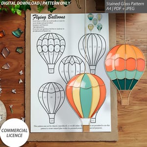 Peut inclure: Un patron de vitrail pour montgolfières, avec un exemple fini en orange, turquoise et jaune. Le patron comprend des sections numérotées pour un assemblage facile. Le texte indique "Flying Balloons" et "Commercial Licence."