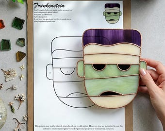 Frankenstein glas-in-loodpatroon PDF A4 Halloween raamhanger sjabloon
