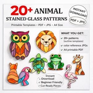 20+ Animal Stained Glass Pattern Bundle | PDF & JPEG | Instant Download