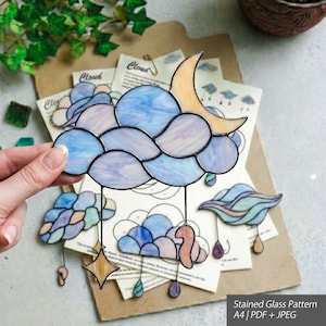 Paquete de 8 diseños de vidrieras con diseño de nubes en formato PDF y JPG para principiantes. Diseños de ventanas tipo atrapasoles en formato A4.