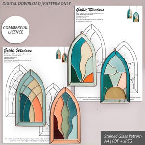 May include: A digital download stained glass pattern featuring Gothic window designs. The image shows four colorful stained glass windows with teal, orange, and peach hues. The pattern includes a commercial license and is available in A4 PDF and JPEG formats.