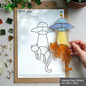 UFO-Katze Glasmalerei-Muster | Anfänger Suncatcher Template (PDF PNG)