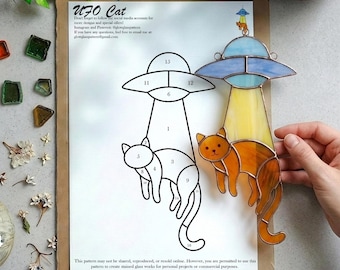 Gebrandschilderd glaspatroon UFO kat | Suncatcher-sjabloon voor beginners (pdf, png)