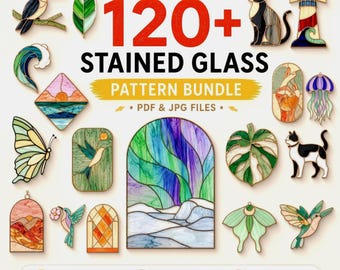 120+ Stained Glass Pattern Bundle | Hummingbird, Cat, Butterfly, Leaf and Window Panel Designs | PDF JPG Instant Download