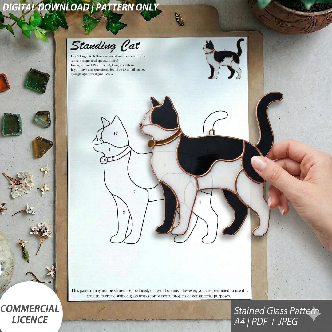 Standing Cat Stained Glass Pattern PDF JPG - Etsy
