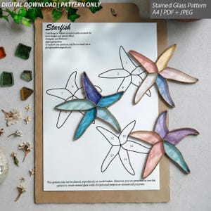 May include: A digital download stained glass pattern for a starfish on A4 paper. The document includes text, numbered outlines, and three finished starfish made of multi-coloured glass pieces joined with metal solder in blue, pink, and purple hues.