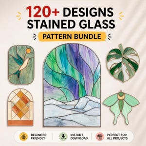 Puede incluir: Imagen que presenta cinco diseños de vidrieras: un colibrí, un paisaje, una hoja, una polilla y un patrón geométrico abstracto. El texto dice "120+ Designs Stained Glass Pattern Bundle".
