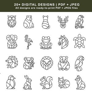 May include: A collection of 20+ digital designs featuring various animals, including an owl, bear, cat, deer, and eagle. The designs are black line art, ready to print as PDF and JPEG files.