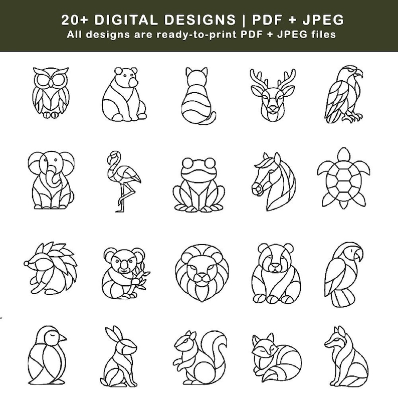 May include: A collection of 20+ digital designs featuring various animals, including an owl, bear, cat, deer, and eagle. The designs are black line art, ready to print as PDF and JPEG files.
