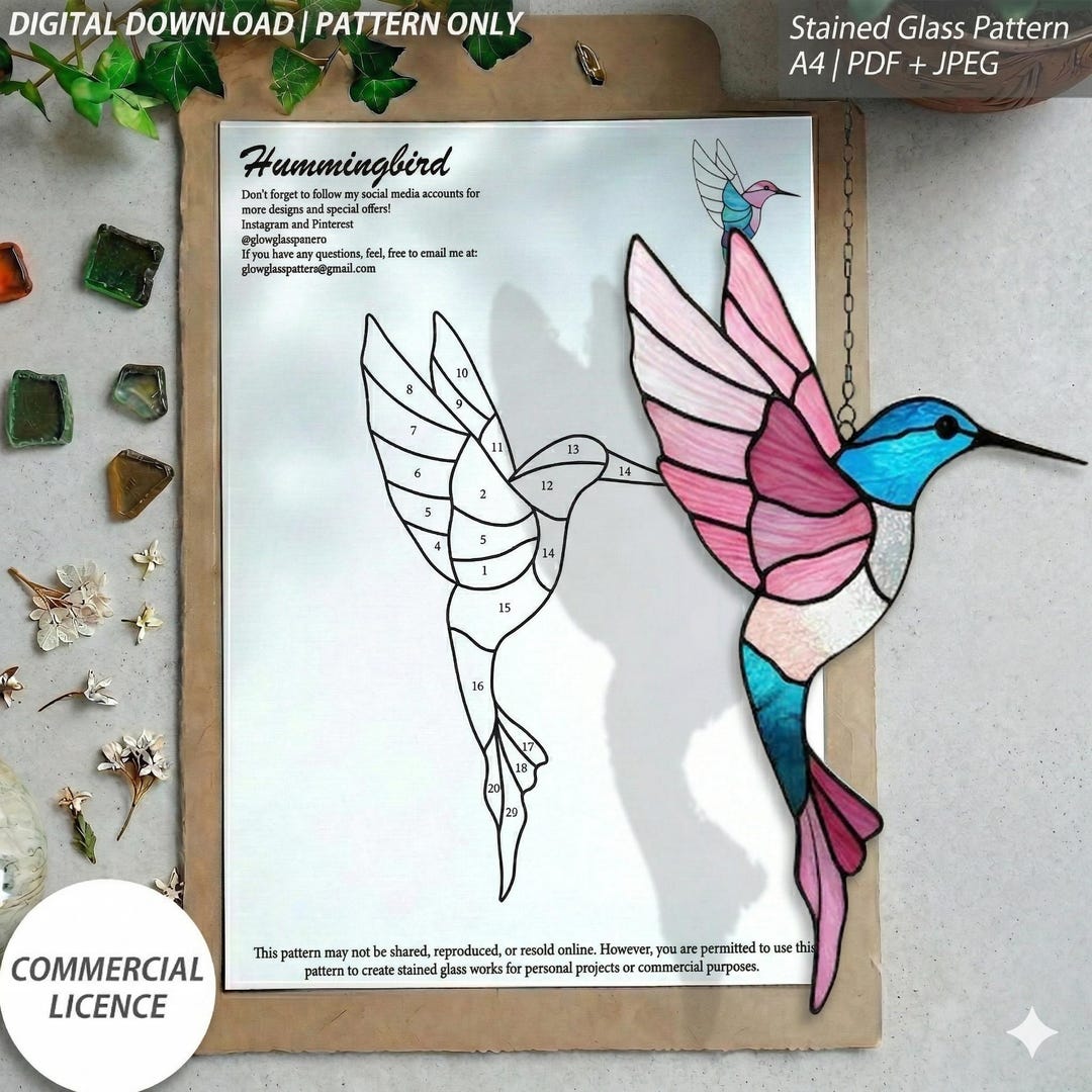 Large Hummingbird Pattern Hummingbird Stained Glass Pattern – 7.5x4.5 Inch Design – Digital ...