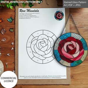 May include: A digital download pattern for a stained glass rose mandala. The image shows a printed pattern with numbered sections, a finished stained glass piece, and the text "Rose Mandala". The pattern is A4 size and available in PDF and JPEG formats.